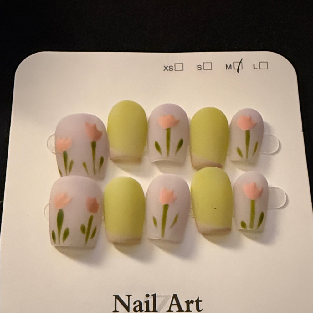 Hand Painted Floral Nail Art Set with Pink and Green Design